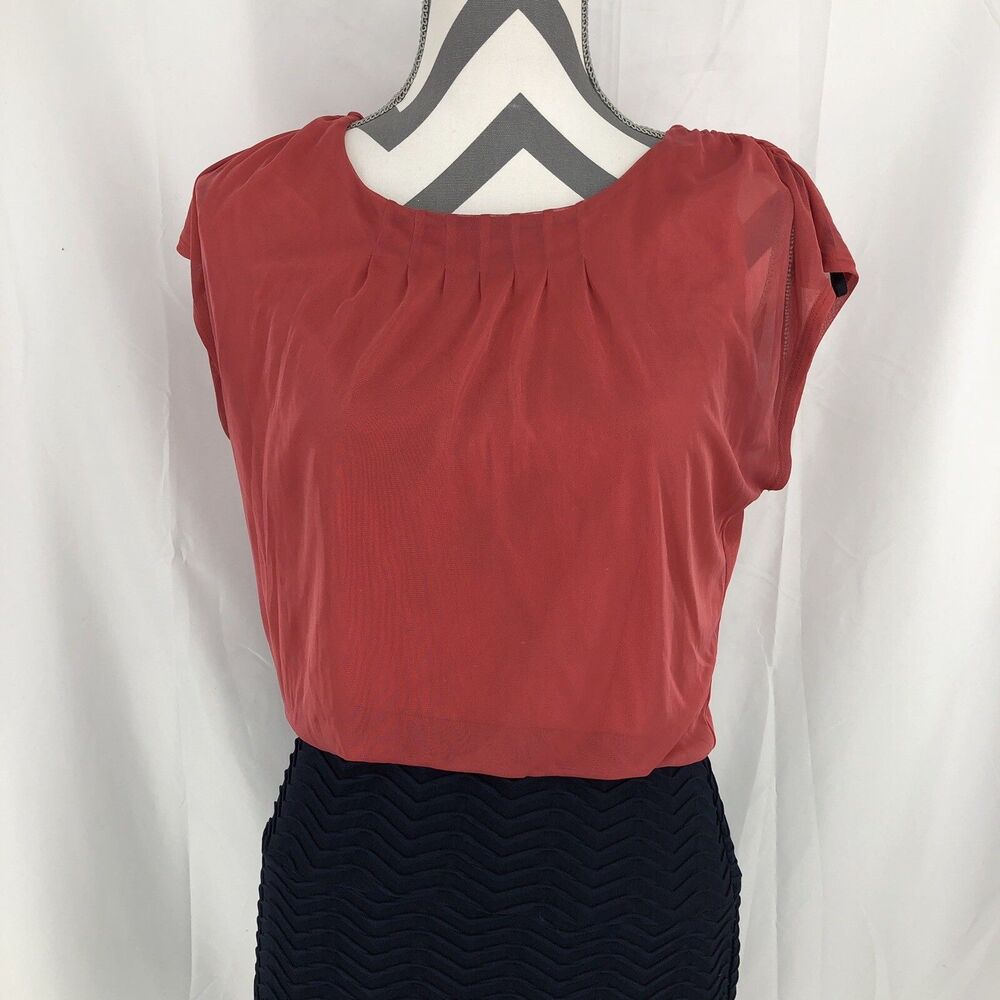 Sweet Storm Salmon Navy Ruched Pleated Short Cap Sleeve Dress 22679S Large